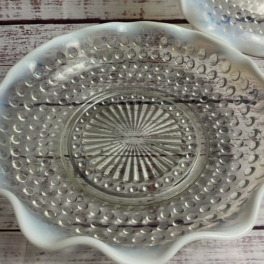 Vintage Set Of 2 Hobnail Moonstone Opalescent Ruffled Edge Glass Bowls