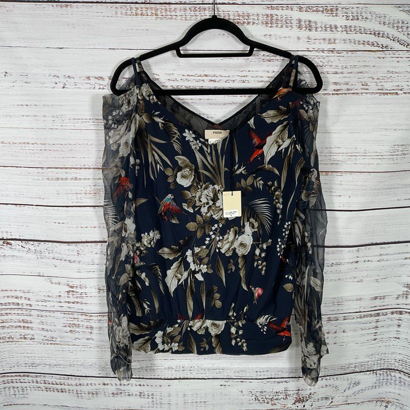 NWT Fuzzi Navy Floral Mesh Off Shoulder Blouse - Size 48