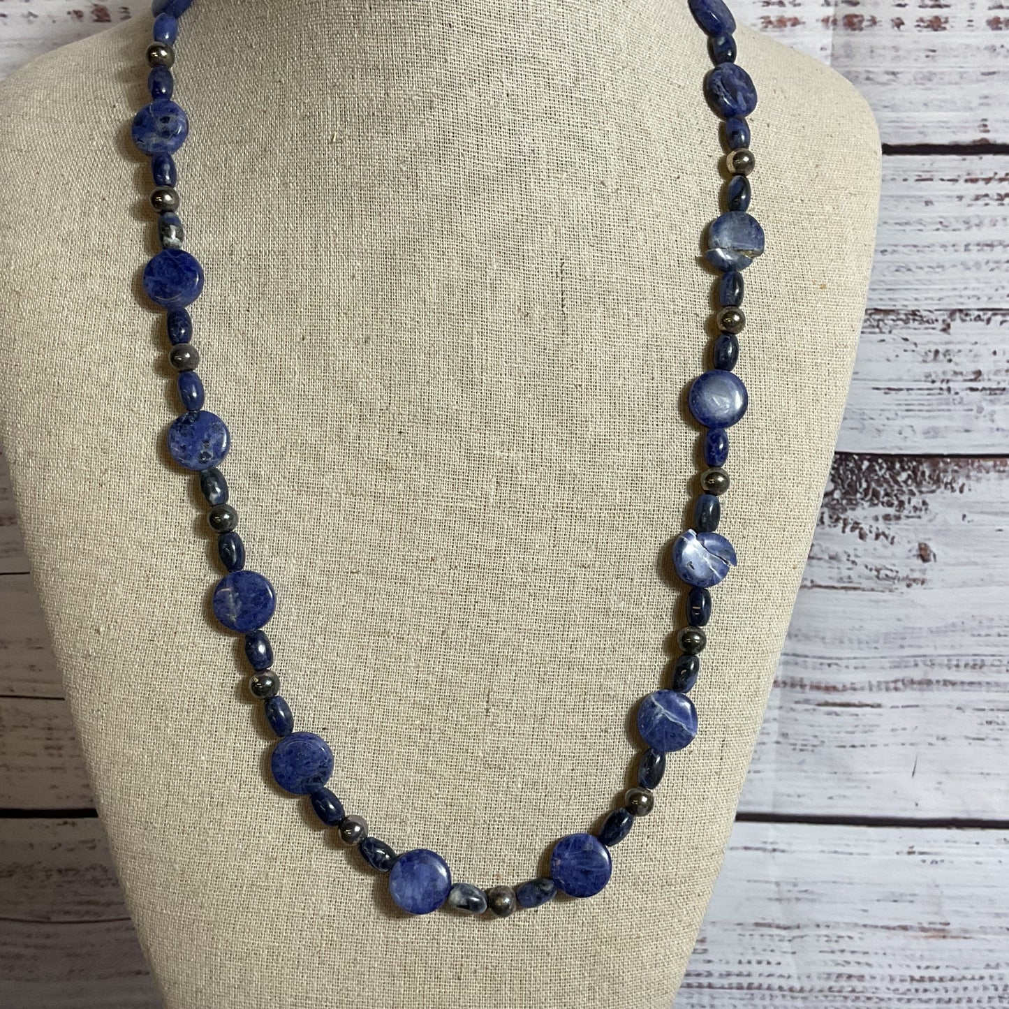 Sterling Silver Disc and Tubular Lapis Beaded 27" Necklace