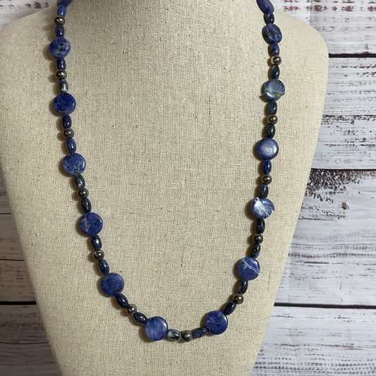 Sterling Silver Disc and Tubular Lapis Beaded 27" Necklace