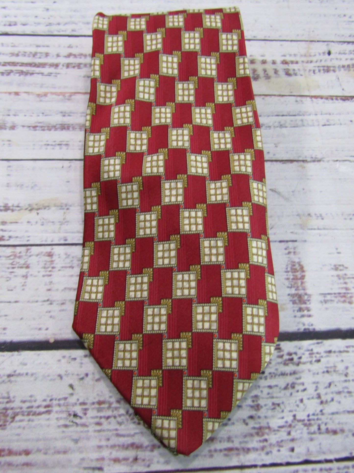 Vintage Valentino Red Silk Geometric Square Print Tie Made in Italy