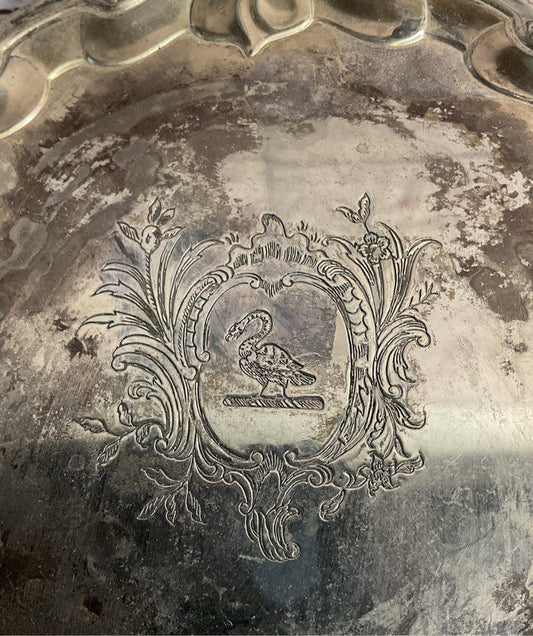 Vintage Silver Plated Ornate Footed Tray With Swan Crest 6.5"