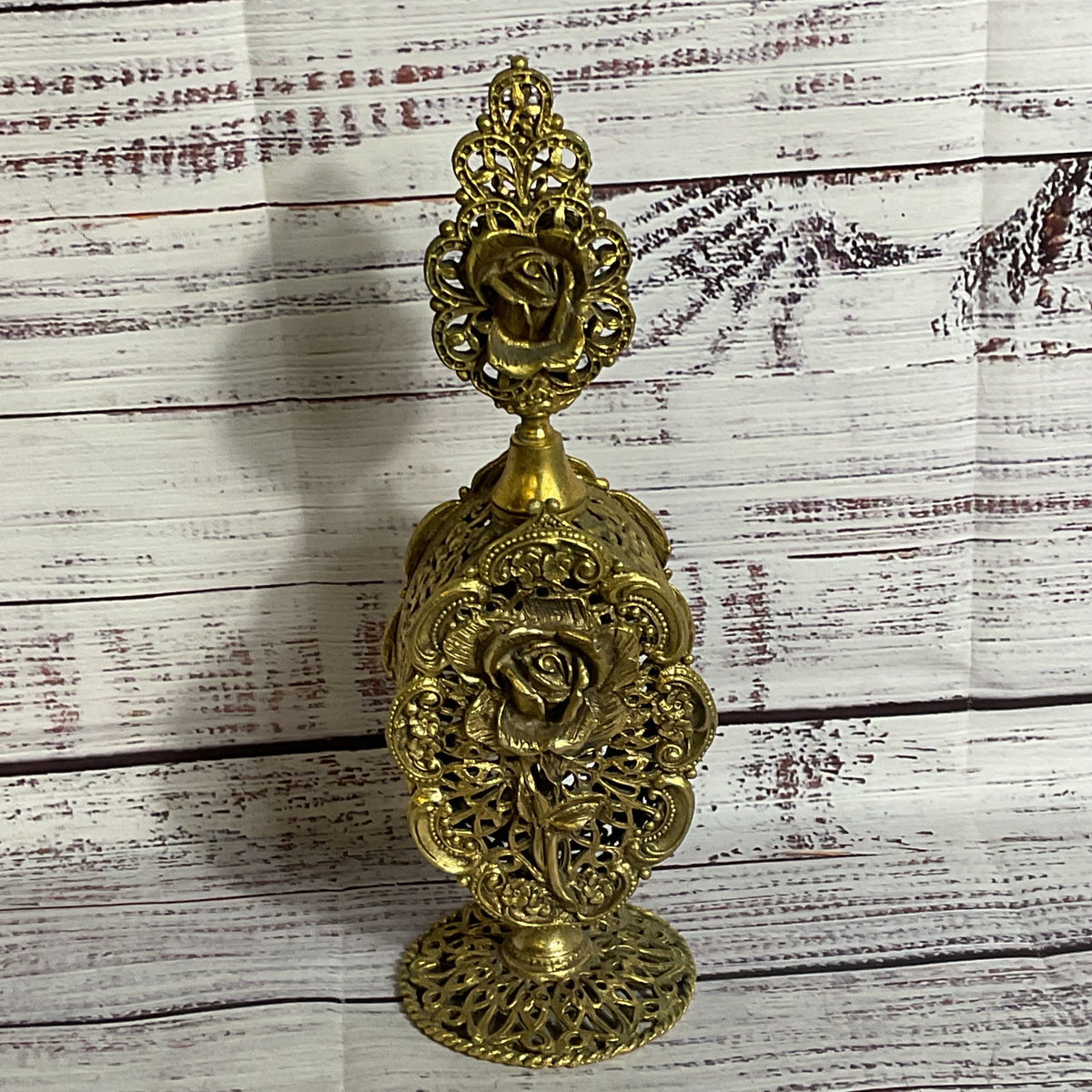 VTG./ANTIQUE Ormolu Ornate Filigree Rose Perfume Bottle- 9.5"