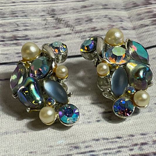 VTG. KRAMER Silver Tone & Rhinestone Clip On Earrings- 1.25"