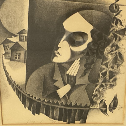 VTG. Pencil Signed Yiddish Pensive Man Abstract Lithograph FRAMED 33.5" X 25.5"