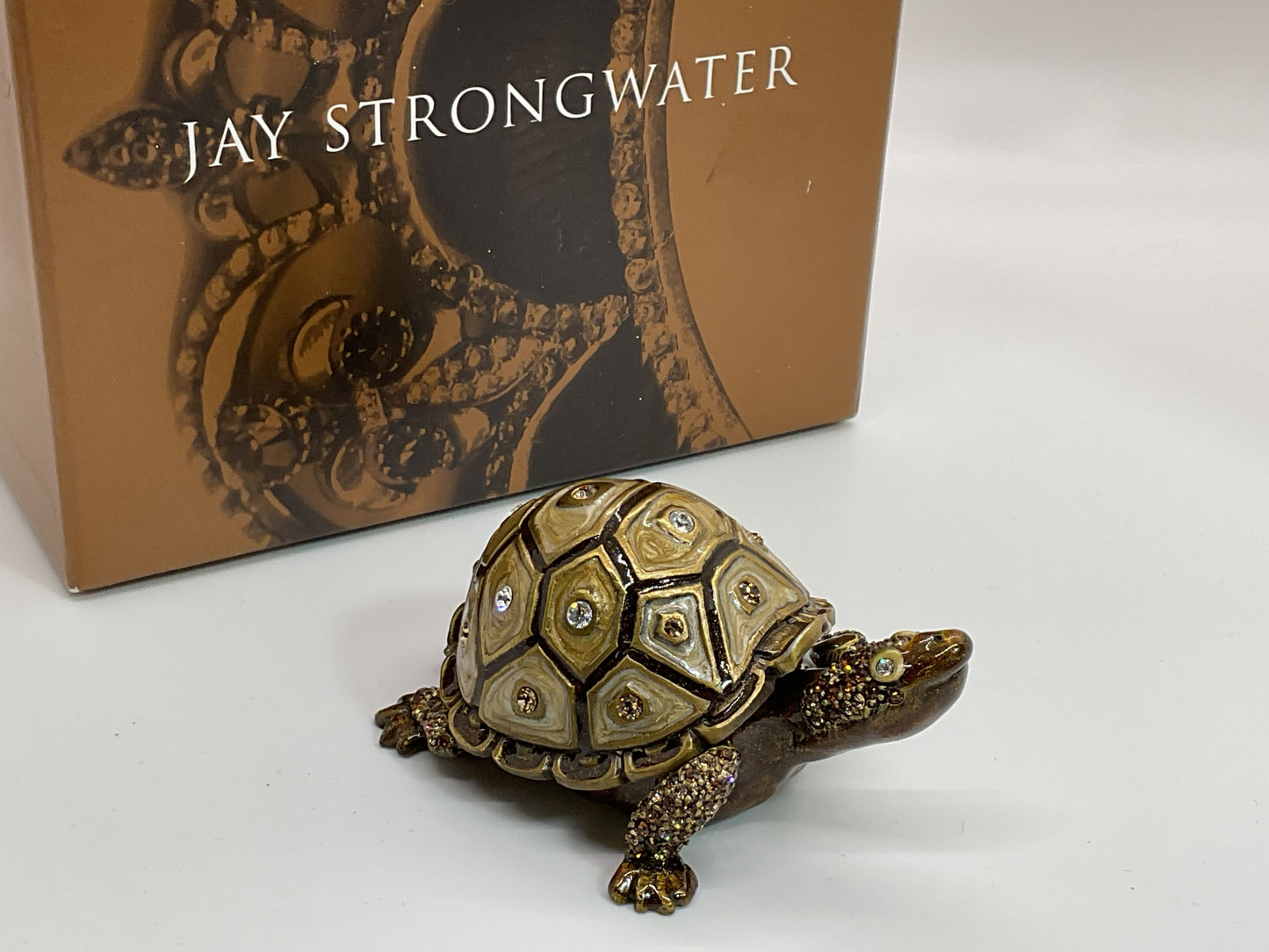 JAY STRONGWATER Brown Golden Brown Amber & Clear Crystals Turtle Trinket Box 3”