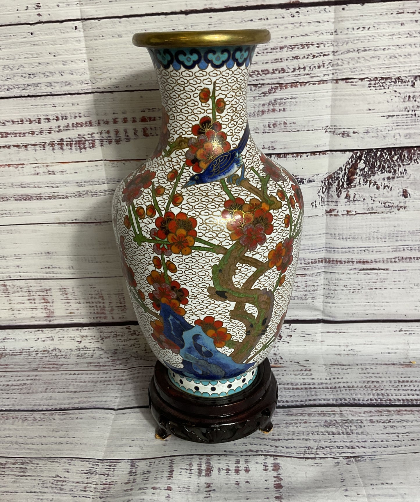 VTG. Chinese Floral Cloisonne Enamel Brass Vase with Wood Stand- 9.5"