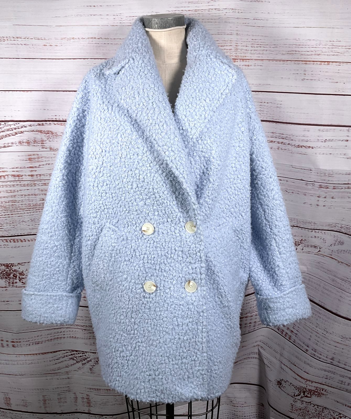 By Anthropologie Double-Breasted Boucle Coat Light Blue M