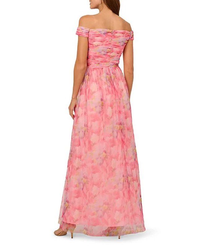 NWT Adrianna Papell Sweat Pea Print Tulle Off Shoulder Gown Size 4 Retail $279
