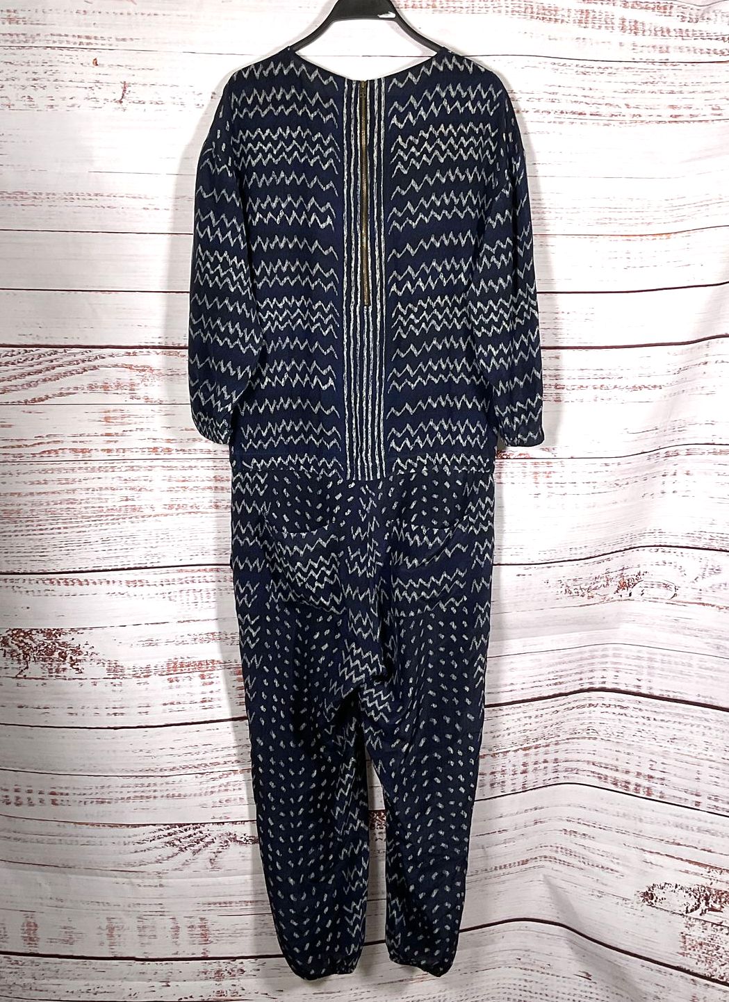 Ulla Johnson Zig Zag Pattern Long Sleeve Silk Jumpsuit Navy Blue 2