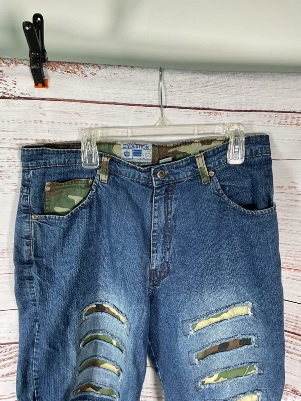 Vintage Evolution Men's Blue Denim Distress Green Camo Size 36 Cotton