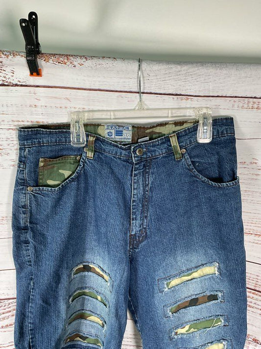 Vintage Evolution Men's Blue Denim Distress Green Camo Size 36 Cotton