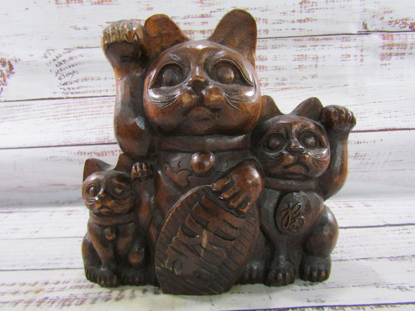 Vintage Hand Carved Wooden Maneki Neko Family Figurine