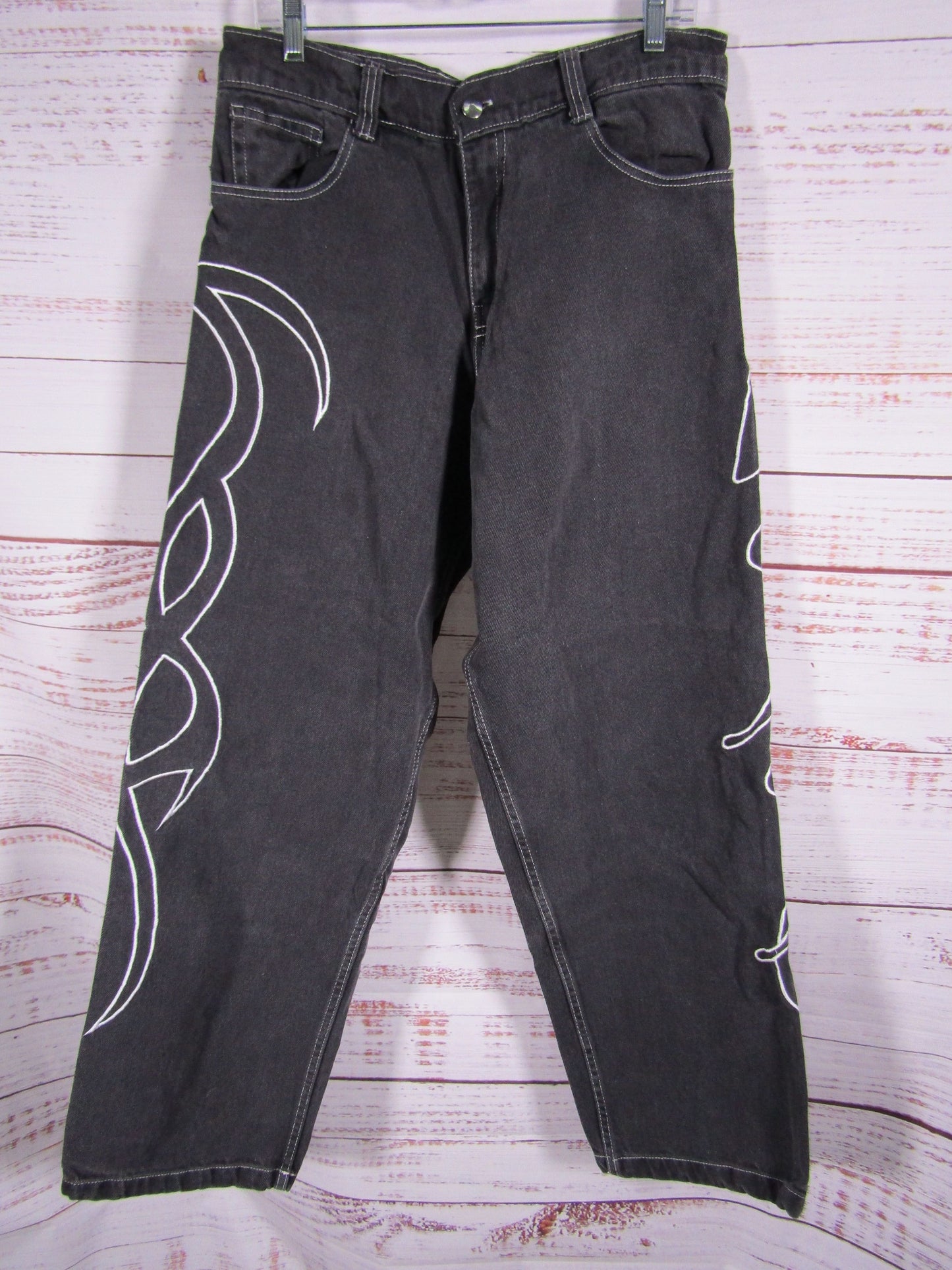 Vaneta Women's Embroidered Black Denim Wide Leg Jeans Size S