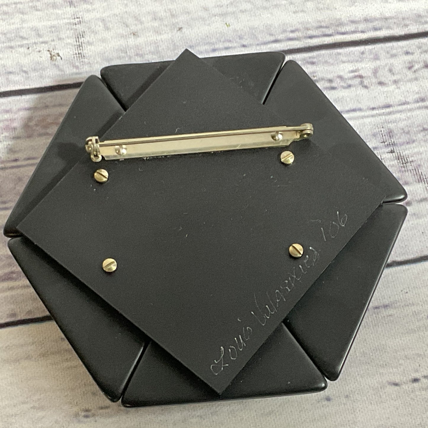 Signed Louis V. Artisan Resin & Rhinestone Hexagon Brooch- 2.75"