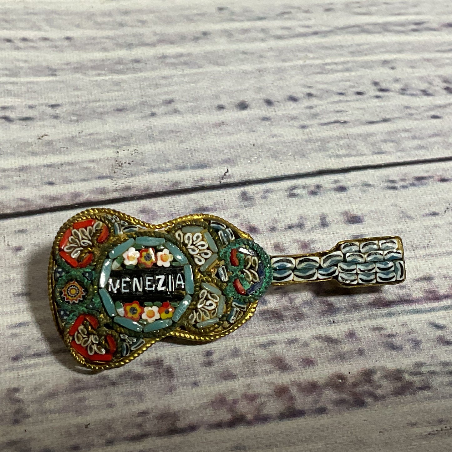 VTG. Brass Italian Micro Mosaic Guitar Brooch- 1.75"