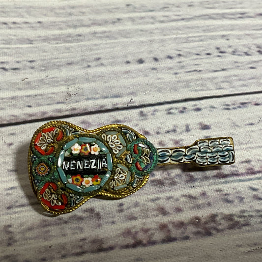 VTG. Brass Italian Micro Mosaic Guitar Brooch- 1.75"