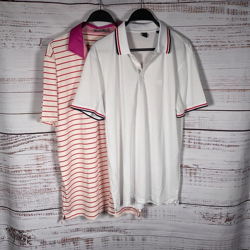 Lot of 2 G/Fore White & Red Stripe Polo Shirts (1 XL, 1 L)