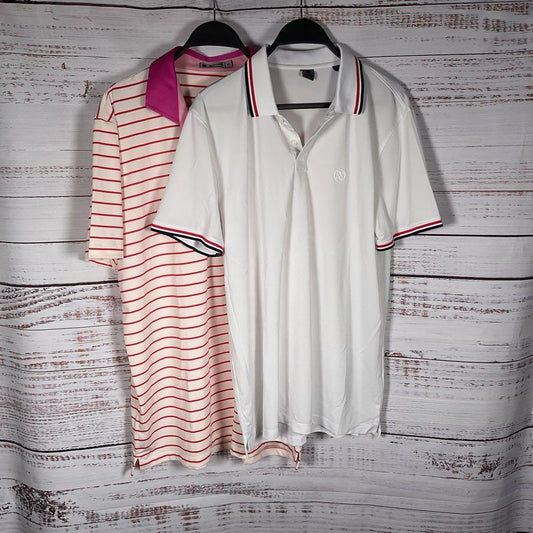 Lot of 2 G/Fore White & Red Stripe Polo Shirts (1 XL, 1 L)