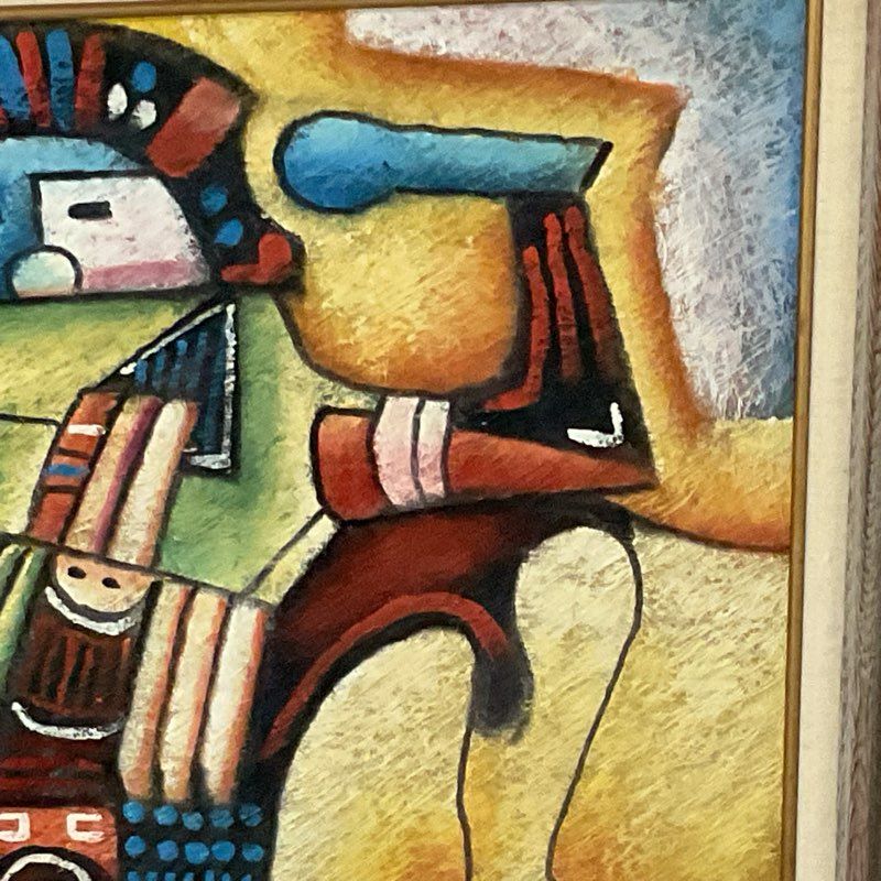 Signed BILL LONG Netherlands Aztec Colorful Painting- FRAMED 31" X 27"