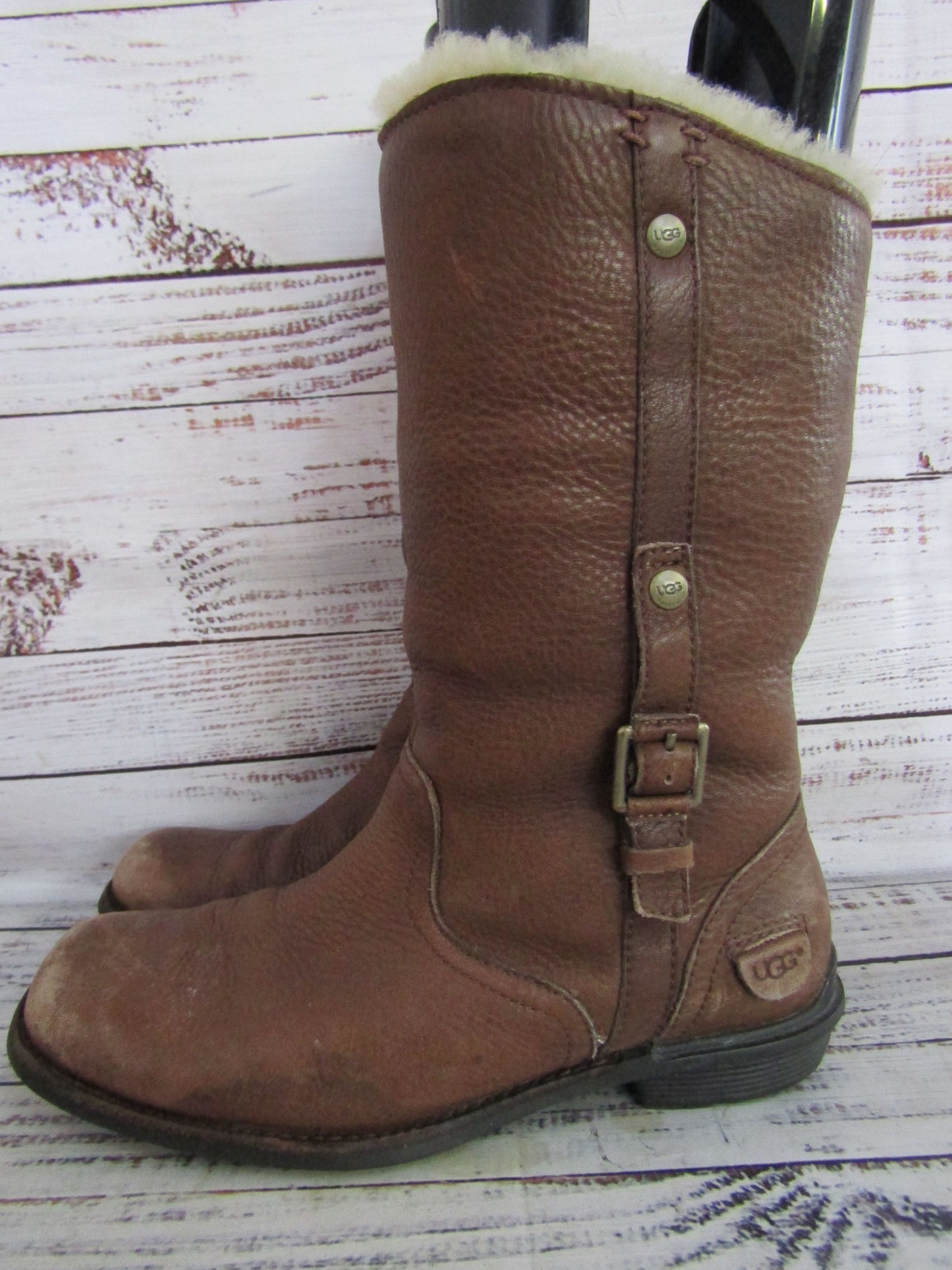 UGG Bellevue Women's Brown Leather Mid-Calf Shearling Boots Size 7