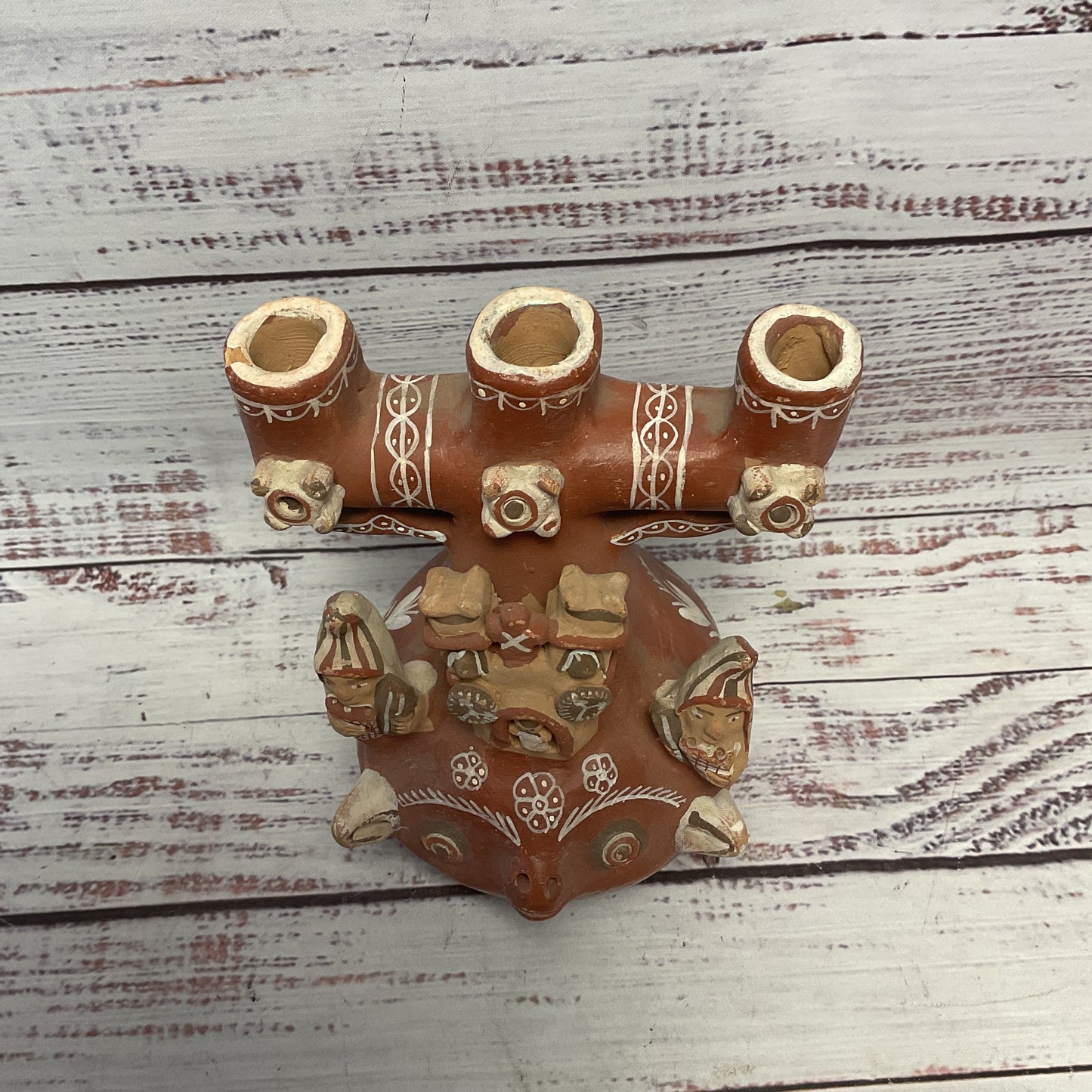 Hand Sculpted Painted Peruvian Candelabra Ceramic Pottery Folk Art 6"