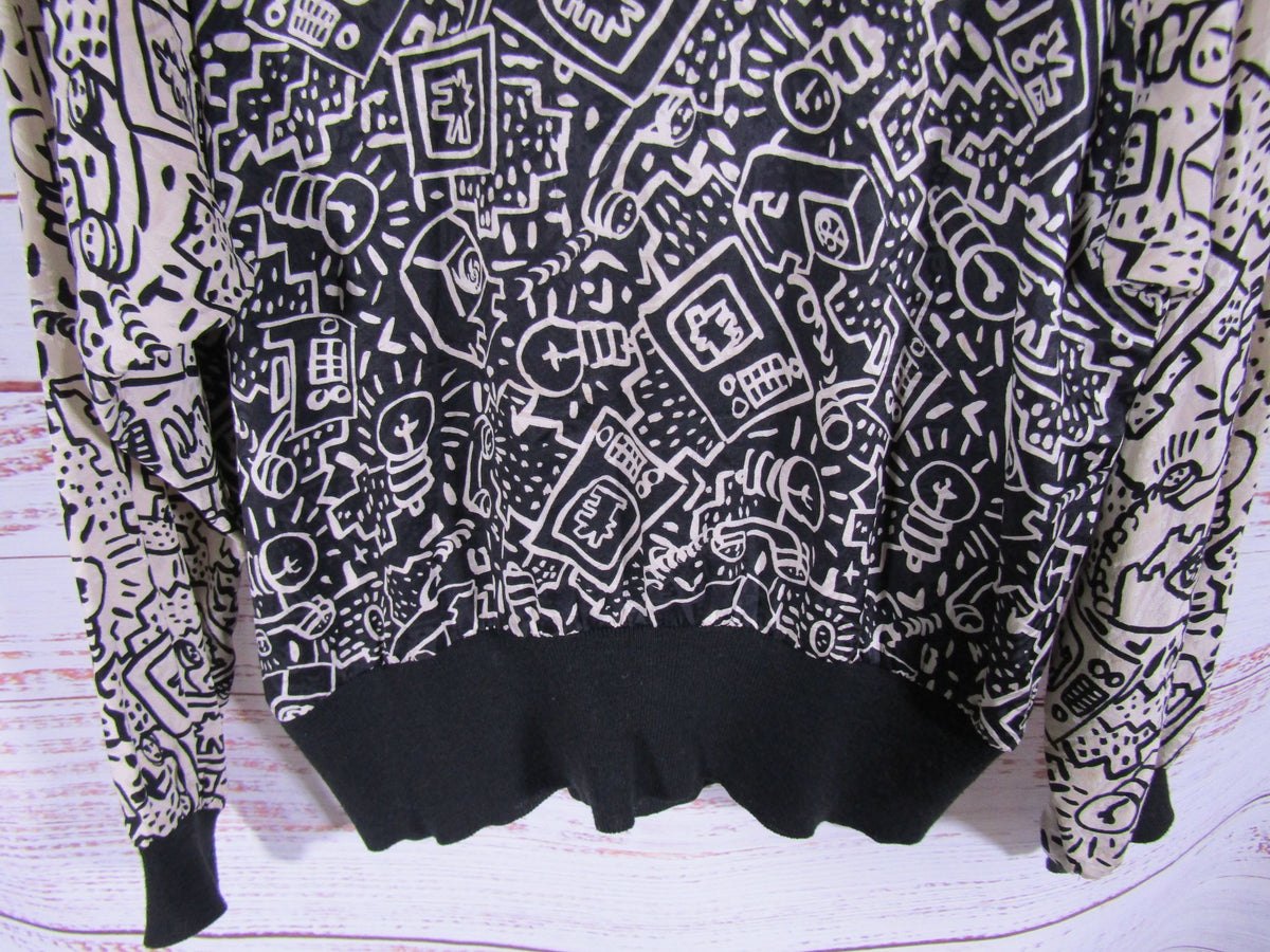Vintage 1990's Women's Black & White Whimsical Retro Print Silk Blouse Size 6