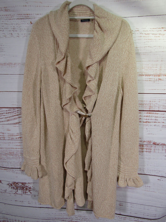 Magashoni Women's Beige Knit Ruffle Silk Cashmere Blend Cardigan Sweater Size XL