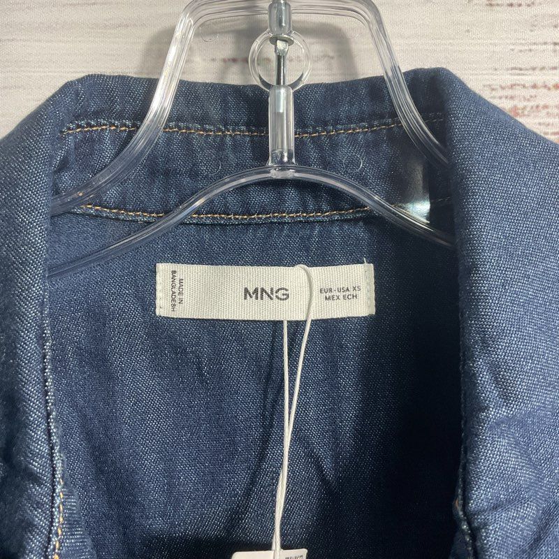 NWT MNG Jordan Dark Wash Denim Contrast Stitch Western Button Up Blouse Size XS