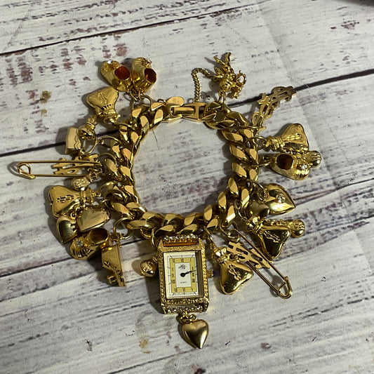 VTG. KIRKS FOLLY Gold Tone & Rhinestone Watch & Charms Bracelet- 7"
