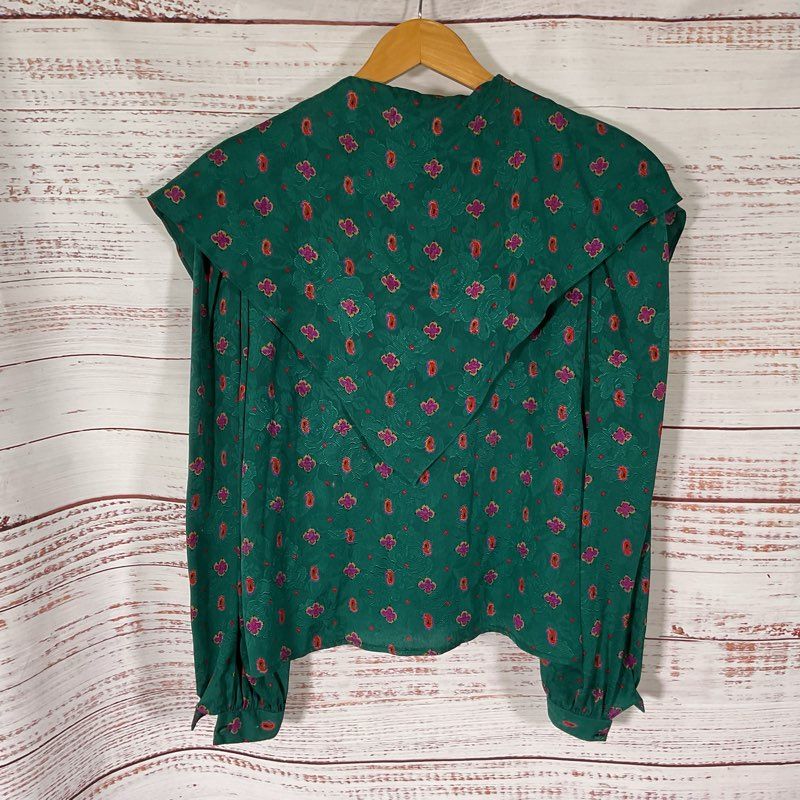 VTG. Oscar De La Renta Green Floral Cape Shoulder Silk Blouse Blouse - Size 10