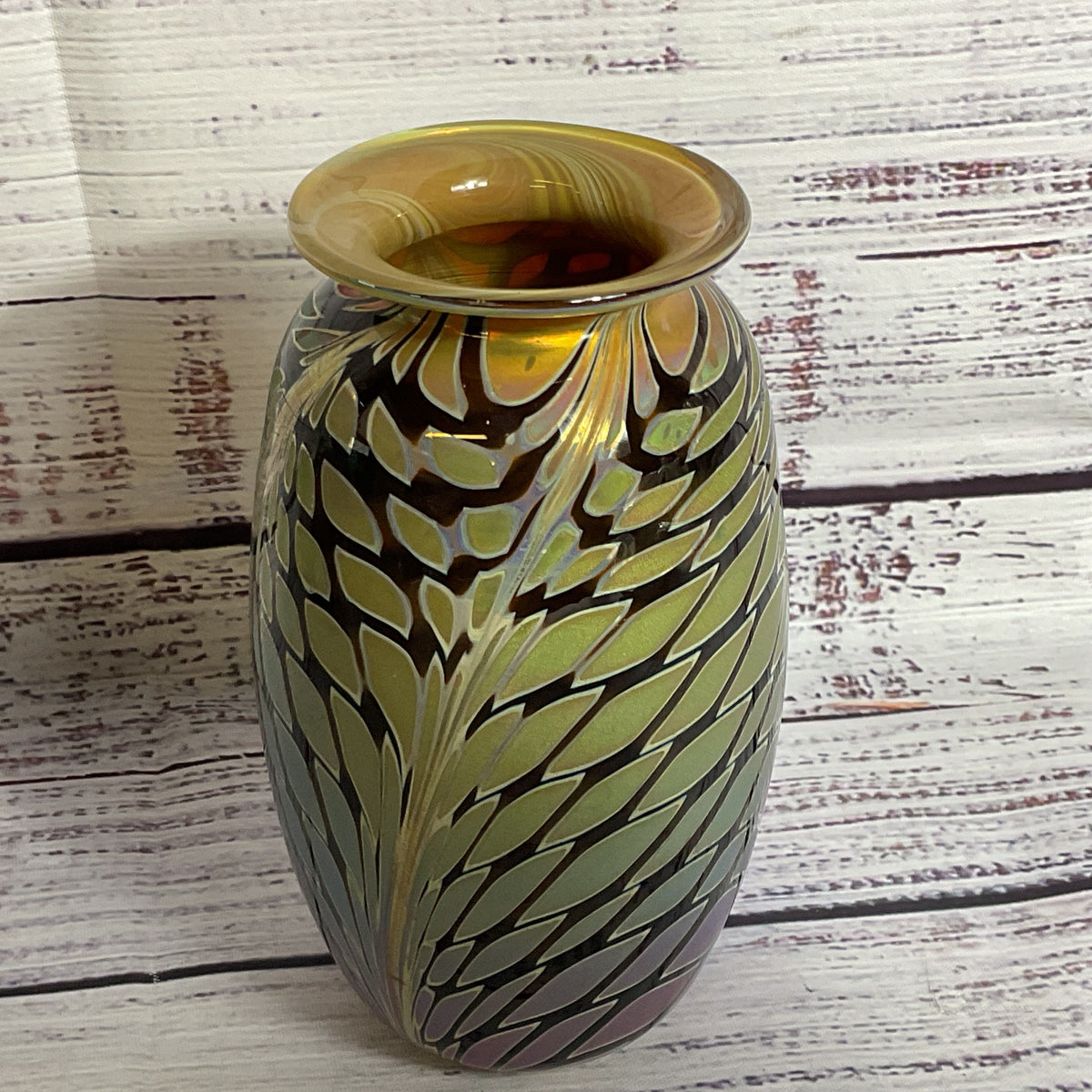 Set of 2 VTG. Signed CRAIG ZWEIFEL Iridesscent Swirl Vases- 5.25" & 6.5"