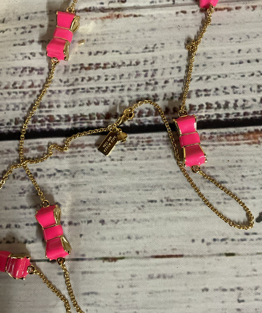 Kate Spade Gold Tone Hot Pink Enamel Bow Long Chain Necklace