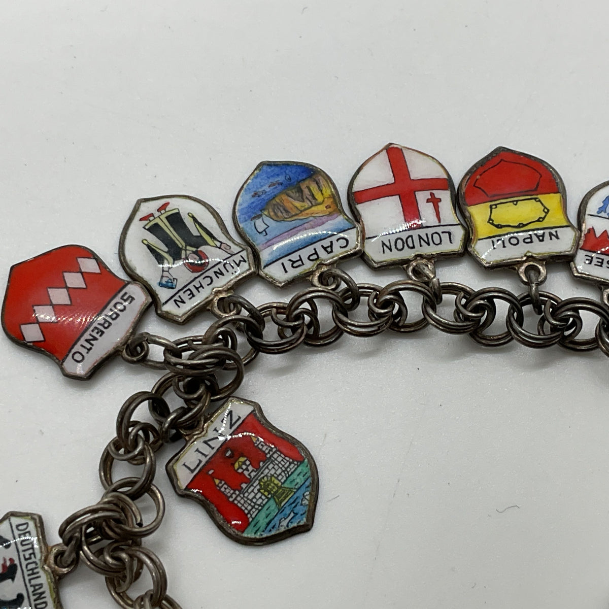 VTG. REU Germany 800 Silver 19 Shield Charms 7.75" Bracelet- 25.98g