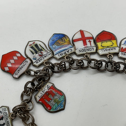 VTG. REU Germany 800 Silver 19 Shield Charms 7.75" Bracelet- 25.98g