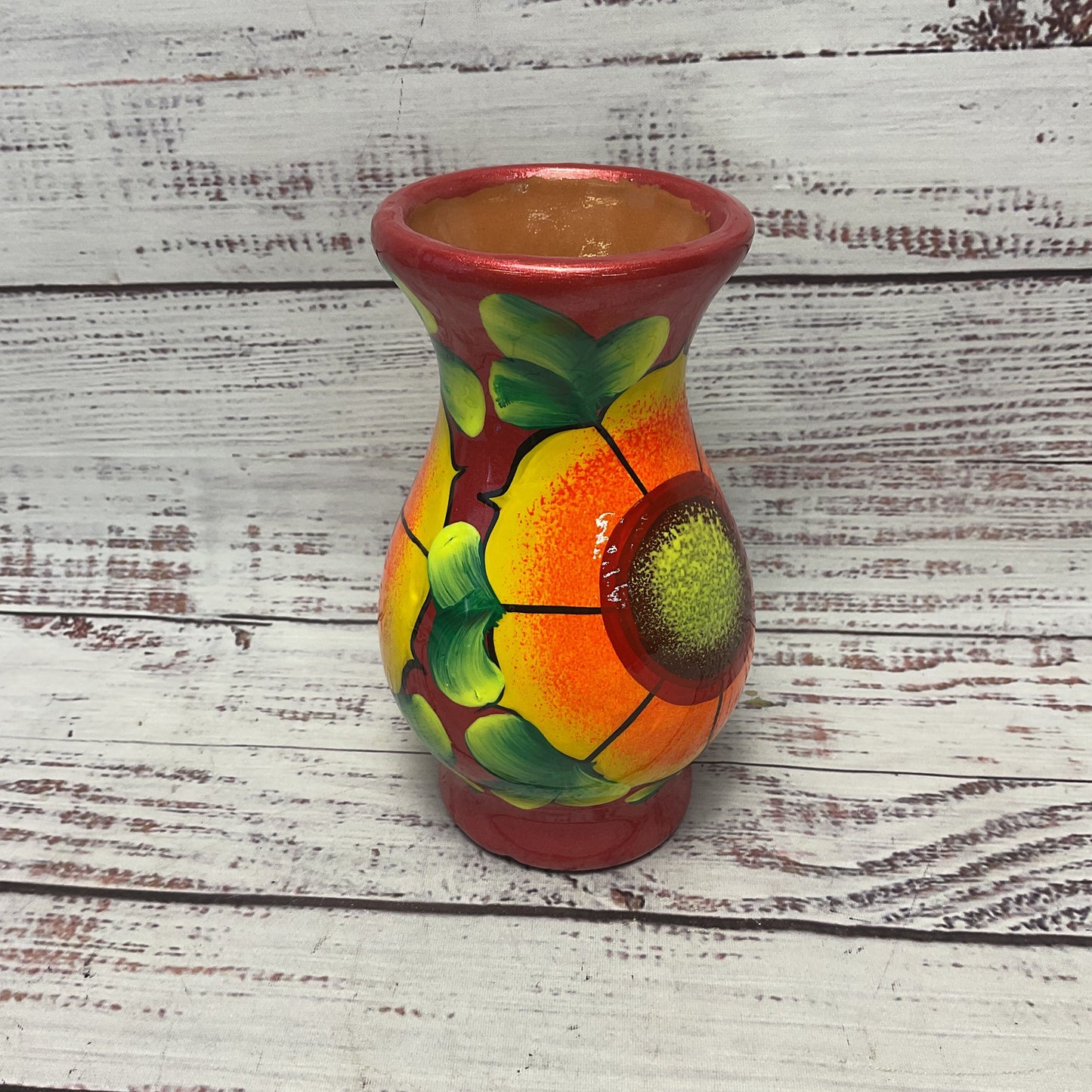 Mexican Clay Terracotta Pottery Flower Metallic Red Sunflower Paint 6"