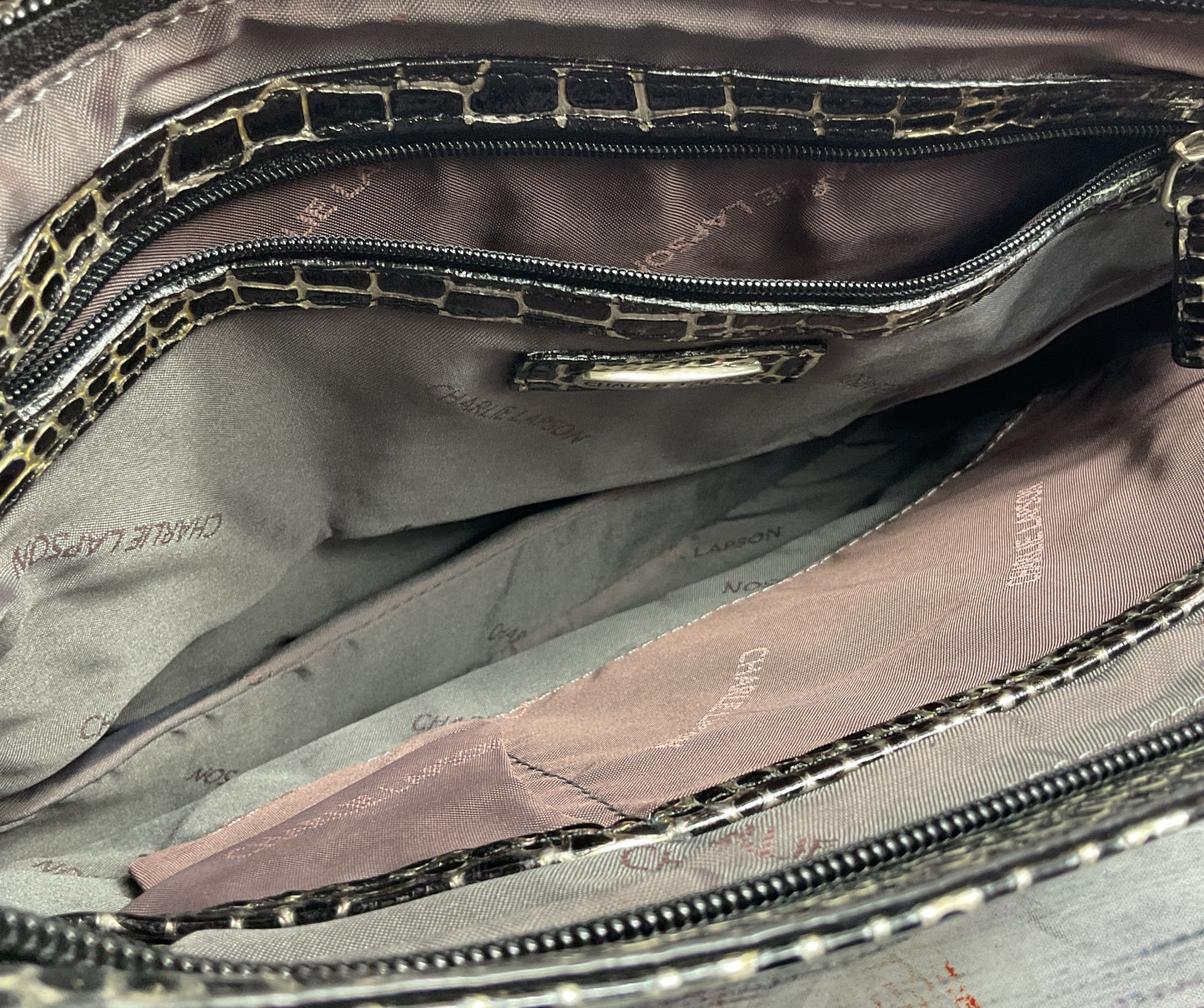 Charlie Lapson Leather Crocodile Embossed Shoulder Bag Black