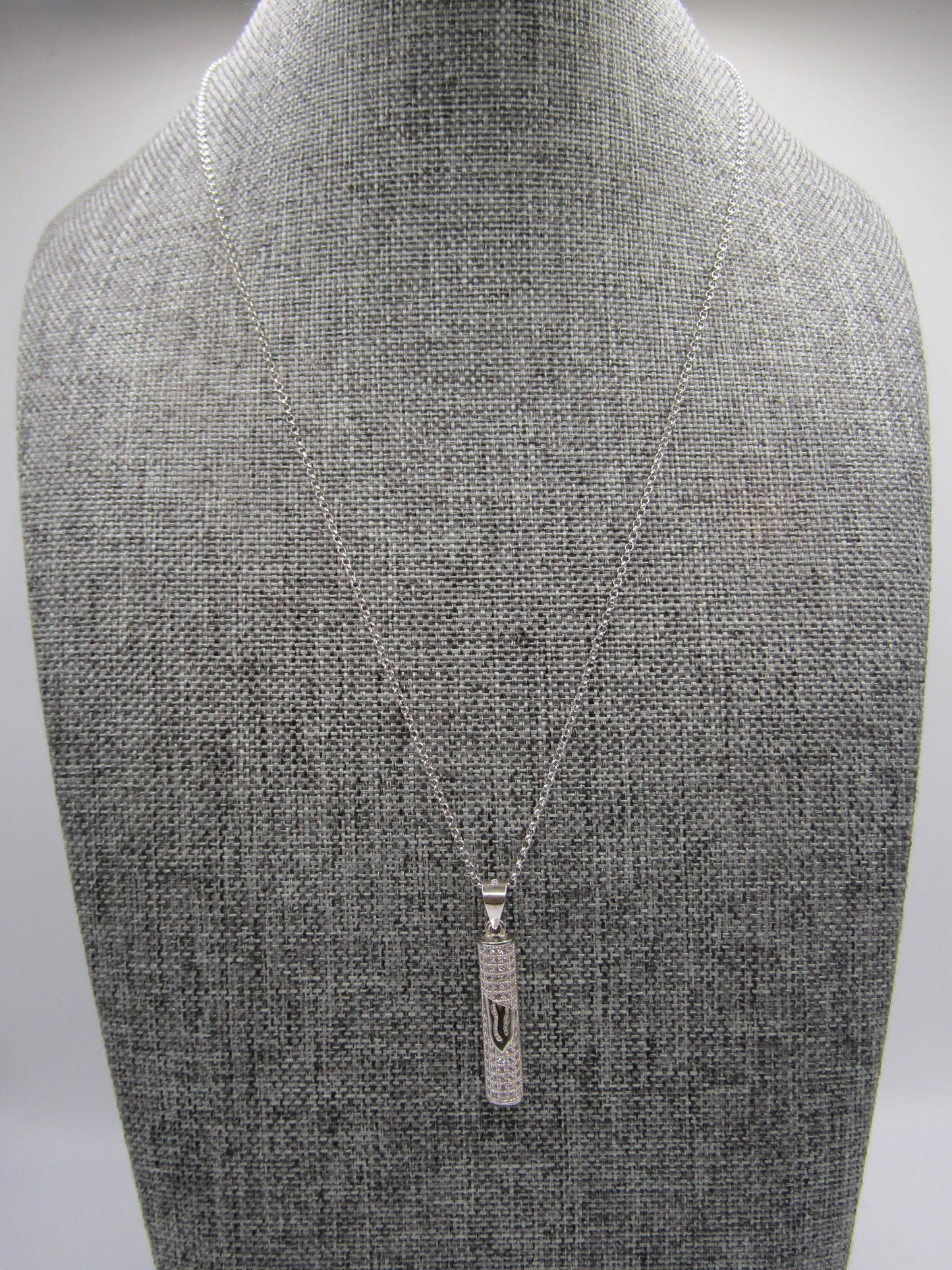 Sterling Silver Cubic Zirconia Accent Shin Mezuzah Pendant Necklace