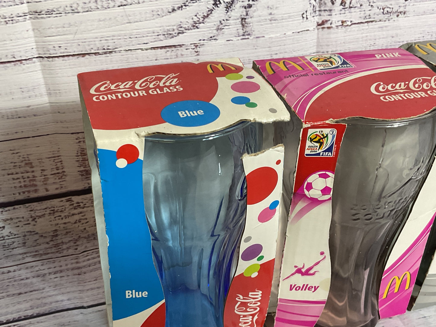 McDonald's Coca Cola Blue Luminarc & 2 Pink/Gray Fifa World Cup Glasses