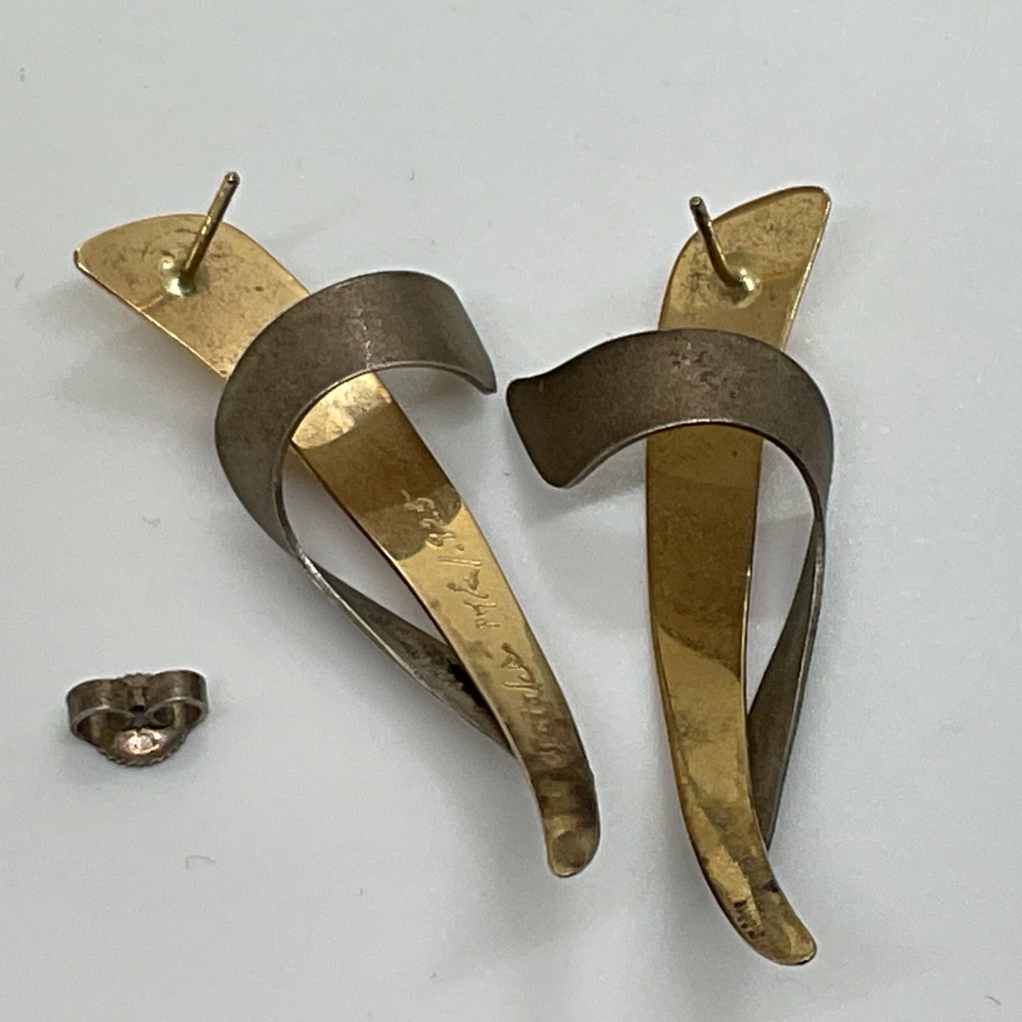 VTG Signed OSATAKE?? Modernist Architectural 14K Gold & Sterling Earrings- 4.85g