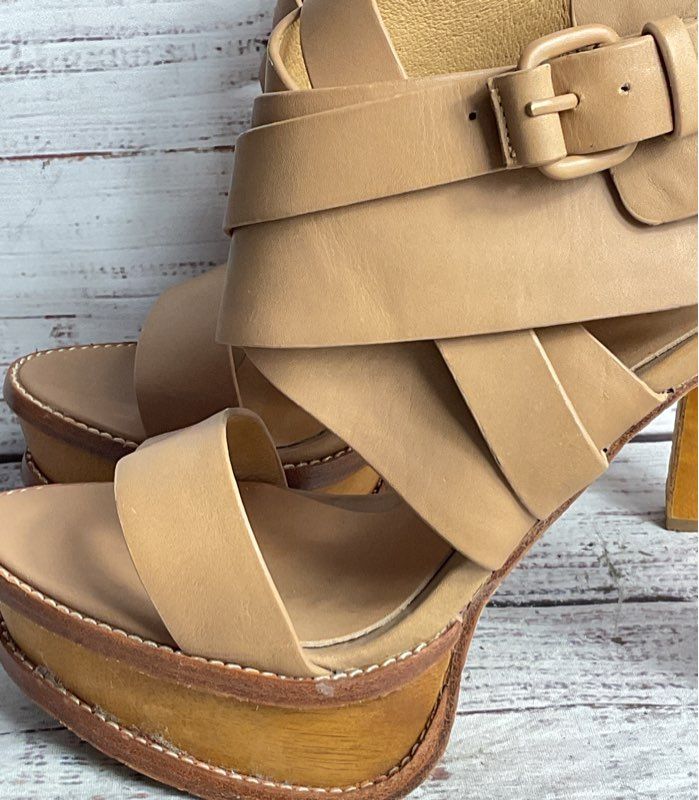 L.A.M.B Leather Anika Platform Buckle Heels Beige 10