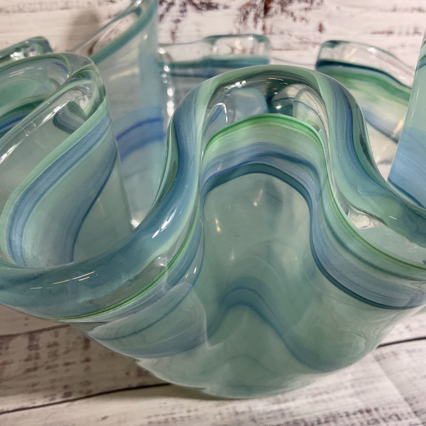 MURANO Style Handkerchief Blue Green Swirl Art Glass Bowl- 12" x 7.75"