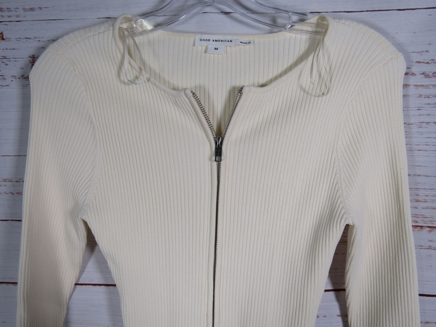 Good American Virgo Women's Ivory Rib Zip Cardigan Sweater Size M