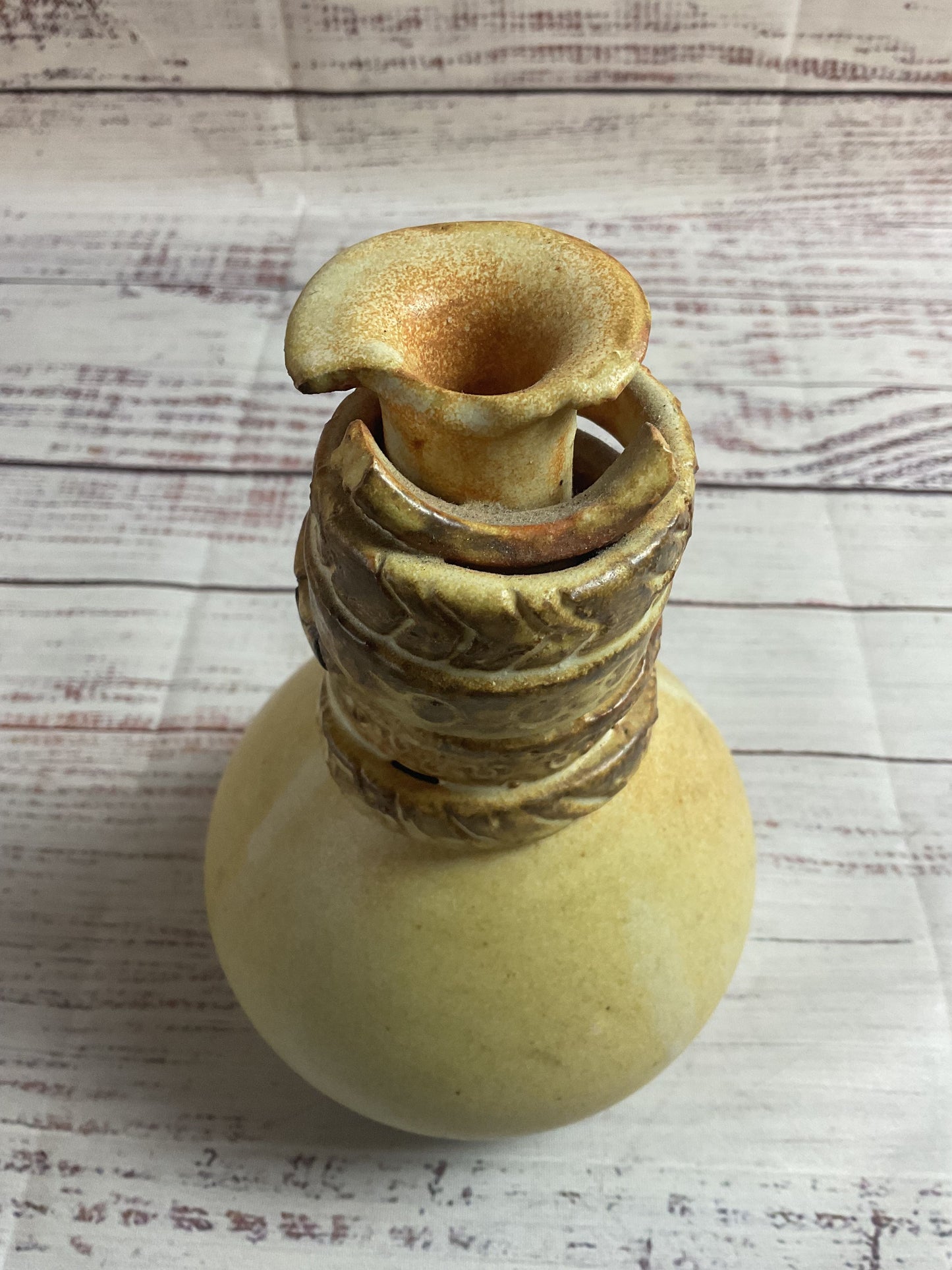 Cream Banded Neck 'Mom' Vase Signed "Silvers"