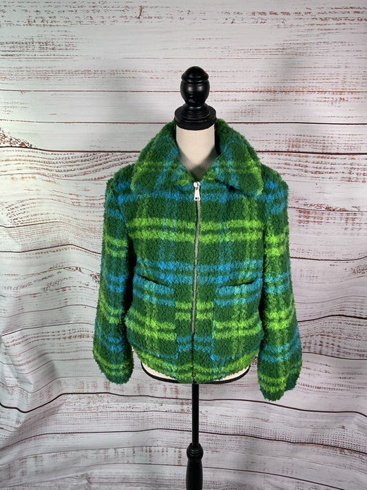 Apparis Women's Zip Up Green Blue Faux Fur Fluffy Jacket Size XS