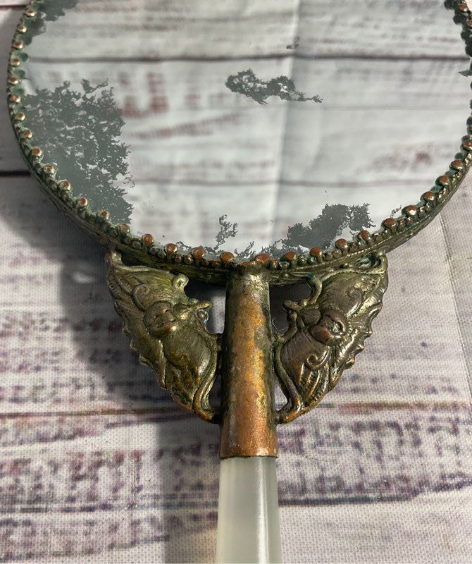 Chinese Jade Handle Mirror Hand Painted Porcelain Butterfly Vanity Export Box