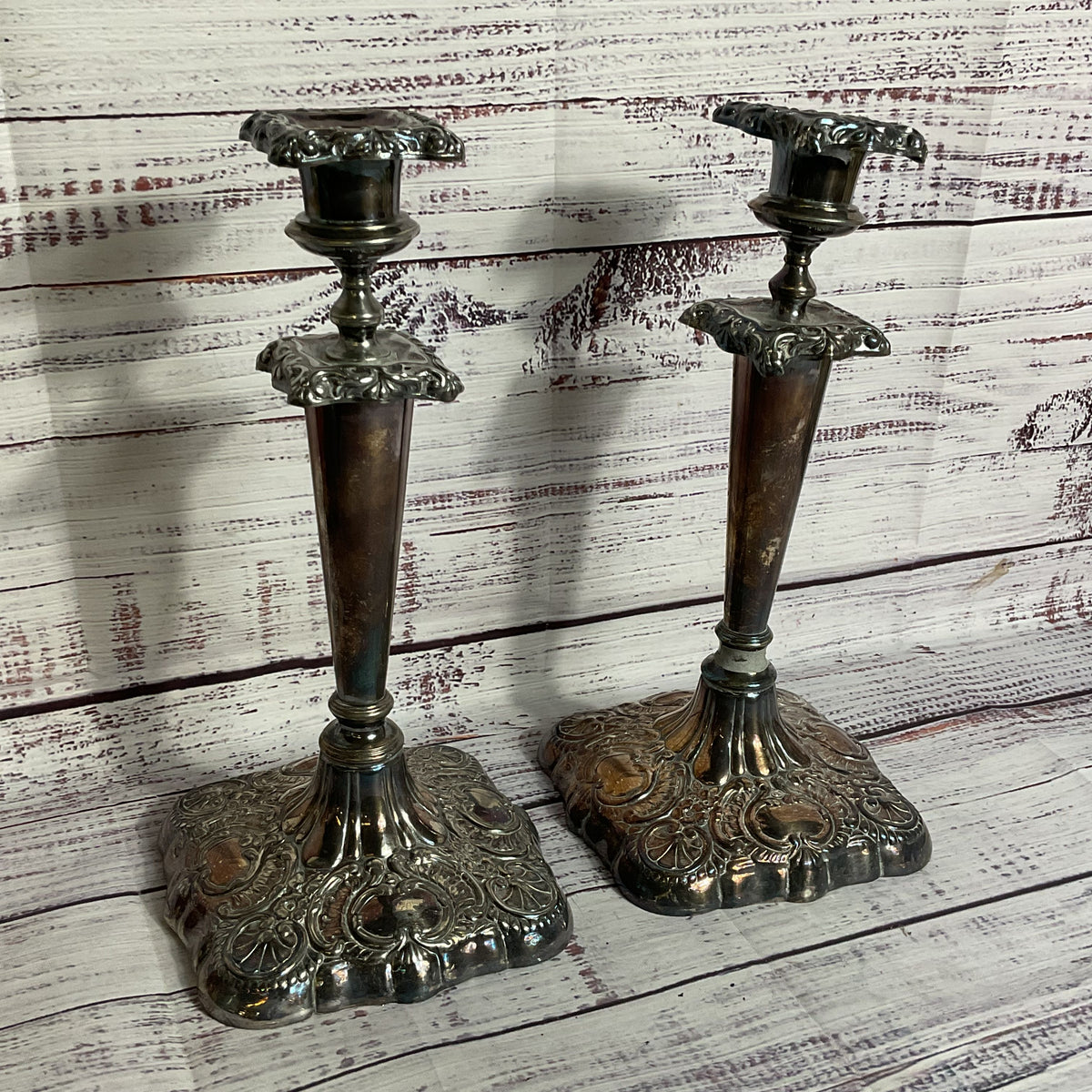 Pair of ANTIQUE FORBES Silver Co. Quadruple Plated Repoussé 10" Candle Sticks