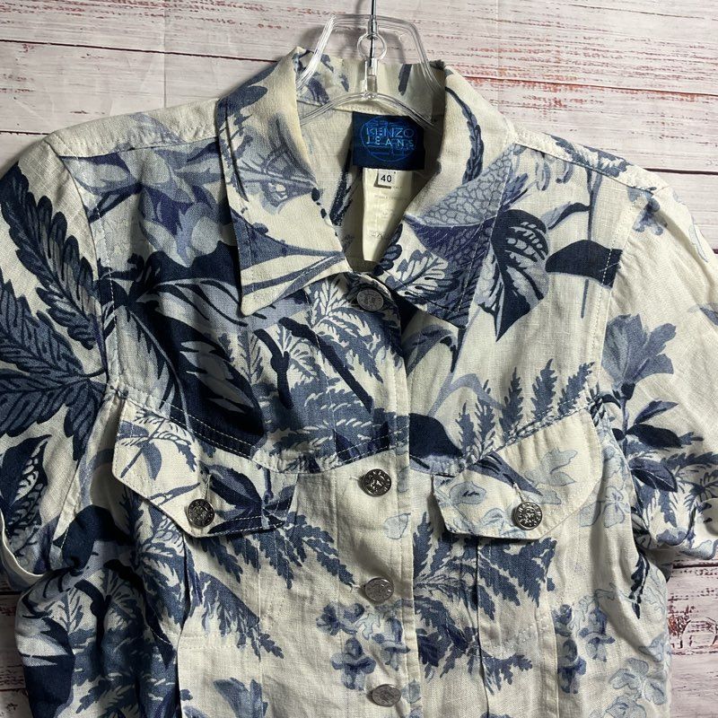 Kenzo Jeans Blue/White Floral Button Up Short Sleeve Blouse - Size 8