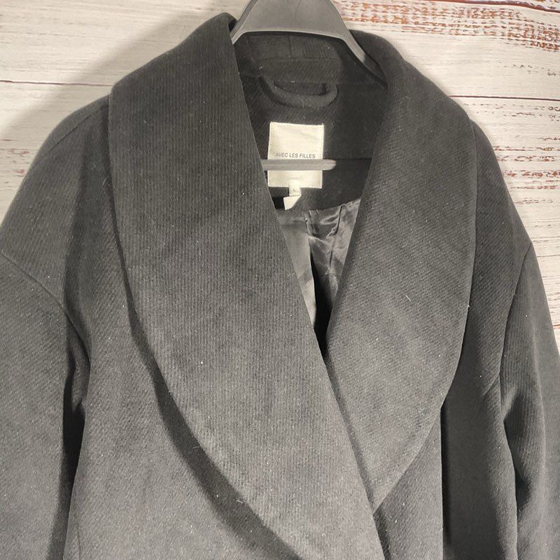 Avec Les Filles Black Poly Shawl Collar Double Breasted Peacoat Jacket - Size L