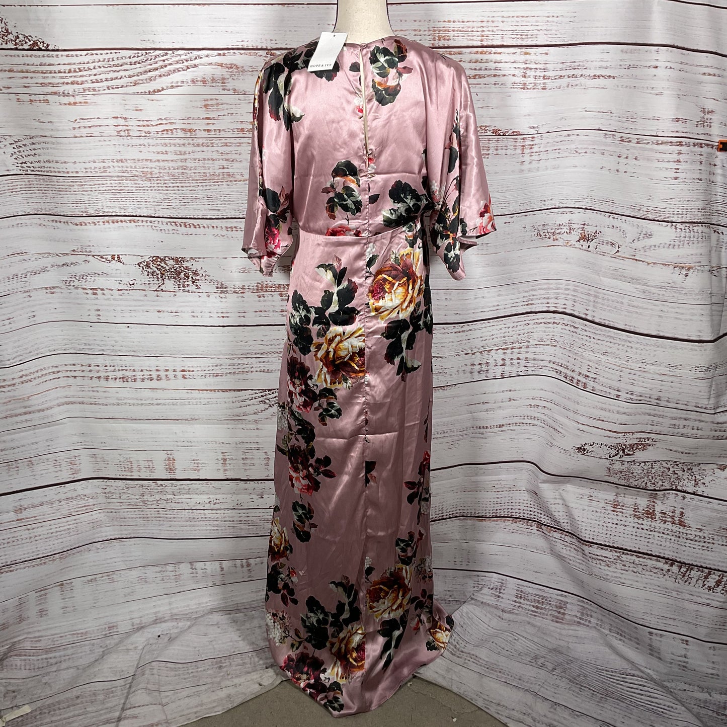 Hope & Ivy Pink Floral Print Kemono Sleeve Satin Maxi Dress - Size 12 New